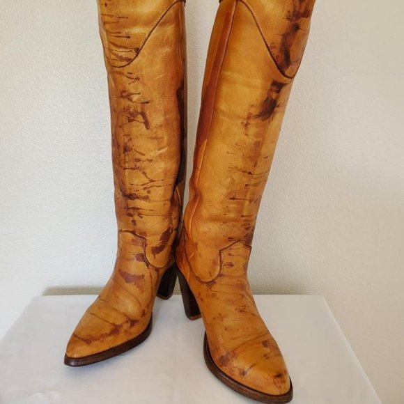 Tall Brown beige Tan leather high heel Western cowgirl rodeo equestrian Boots - Picture 3 of 12
